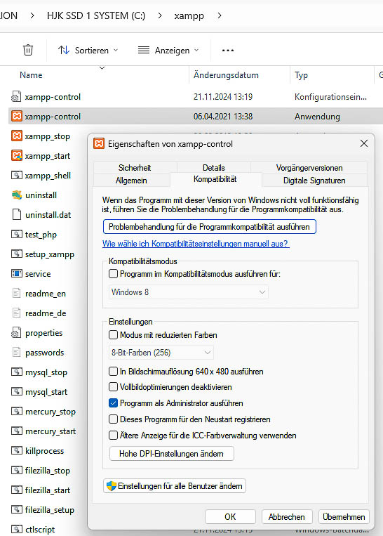 Das XAMPP Control Panel