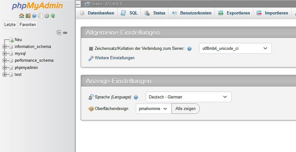 Datenbank und Datenbankbenutzer definieren mit XAMPP «phpMyAdmin»