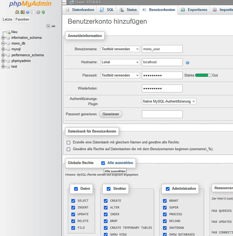 Datenbank und Datenbankbenutzer definieren mit XAMPP «phpMyAdmin»