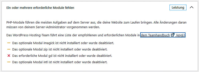 Aktivierung fehlender WordPress-Module